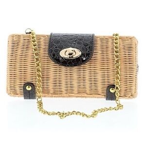 Wicker and Black Patent Leather Clutch with Gold Chain and Turn Lock Closure